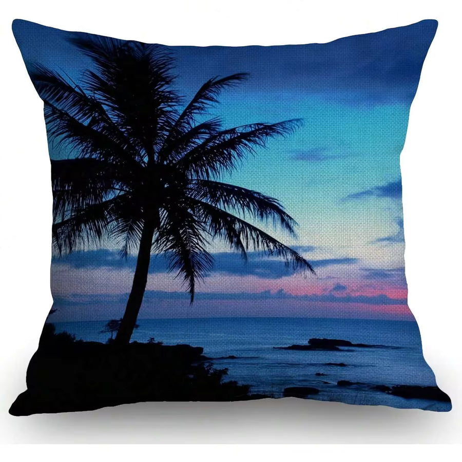 1 Piece Tropical Beach Sunset Palm Tree Ocean Scene Linen Pillowcase - Single-Sided Decorative Cushion Cover, Zipper Closure, Machine Washable, Suitable For Sofa, Bed, Living Room, Coastal Home Decor (Insert Not Included), Seaside Room Decoration